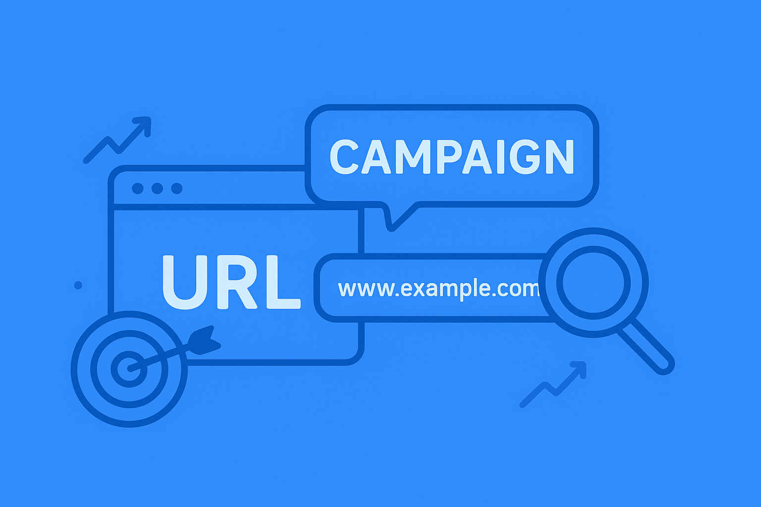 Creative flat-style illustration of a campaign URL concept in blue tones, featuring a browser window, search bar, target, and magnifying glass icons symbolizing digital marketing and tracking.