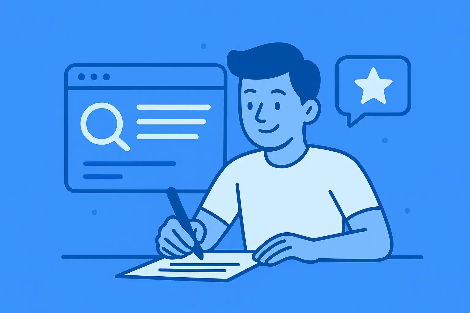 Flat-style digital illustration of a brown-skinned writer working on SEO-friendly titles and descriptions, featuring creative blue accents and digital elements.