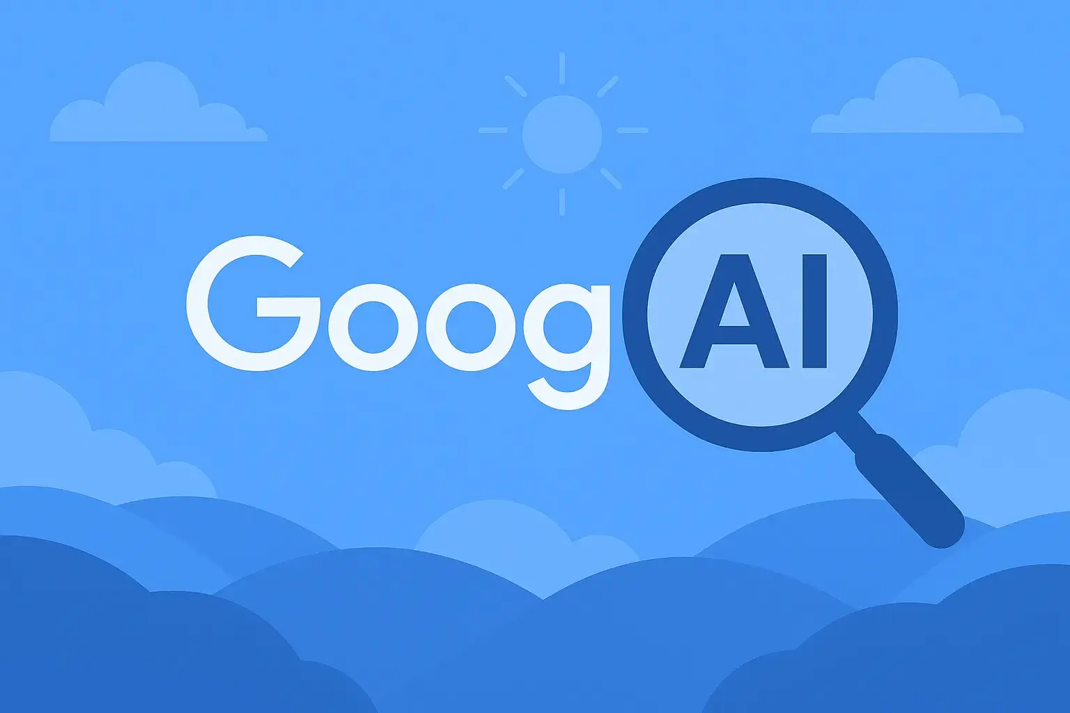 Illustration of Google’s AI mode represented by a magnifying glass highlighting the letters “AI” within the Google logo, in a blue landscape design.