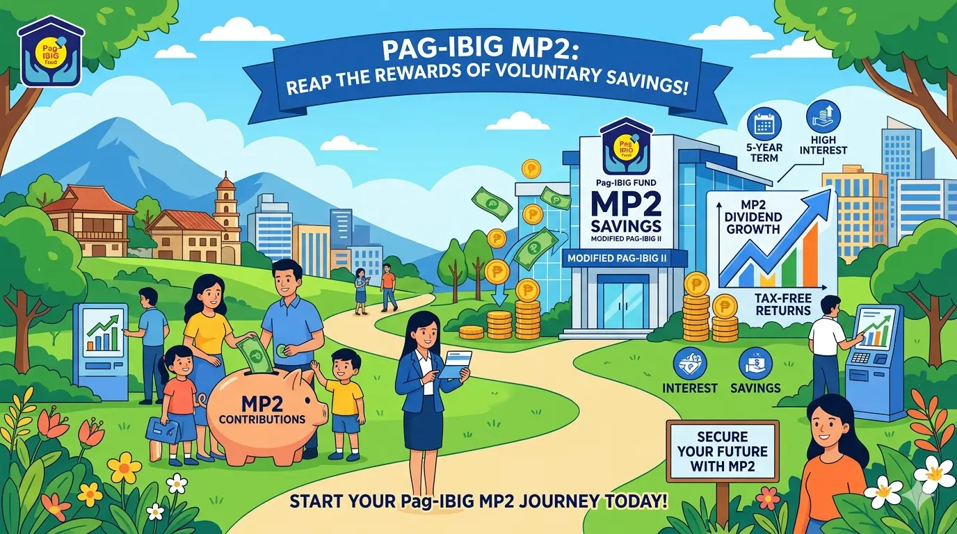 An illustrative infographic promoting the benefits of the Pag-IBIG MP2 voluntary savings program.