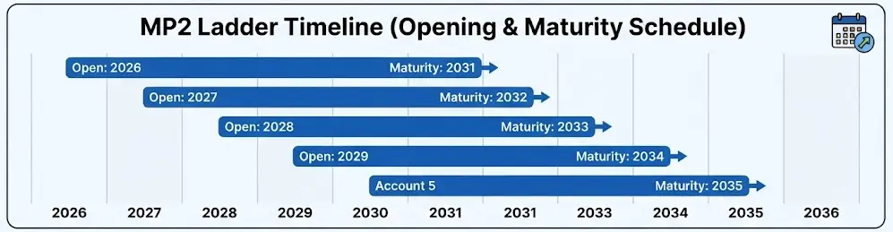 A timeline graphic illustrating a 5-year MP2 ladder setup from 2026 to 2030, showing five separate accounts opening sequentially and reaching their respective maturity years from 2031 to 2035.
