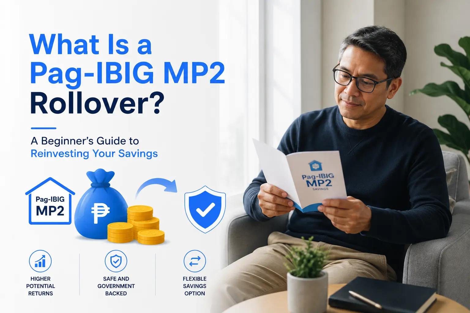 Title graphic for "What Is a Pag-IBIG MP2 Rollover?" featuring icons for high returns, government-backed safety, and flexible savings, alongside a man holding a Pag-IBIG MP2 booklet.