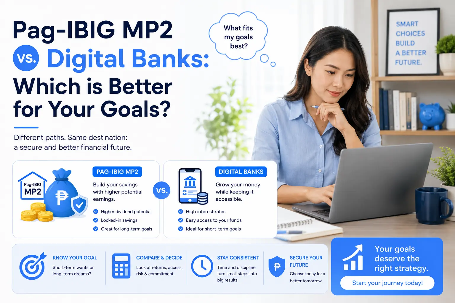Woman using a laptop while comparing Pag-IBIG MP2 and digital banks to choose the best option for her financial goals.