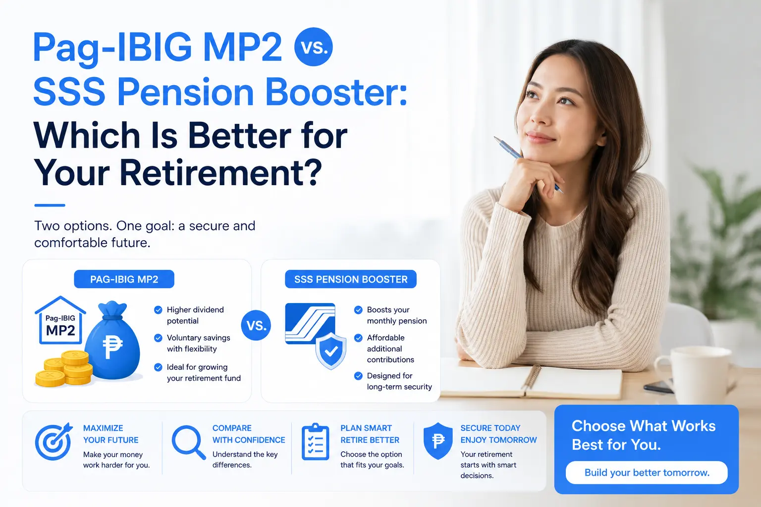 Illustration comparing Pag-IBIG MP2 and SSS Pension Booster, highlighting their key benefits for building a secure retirement.