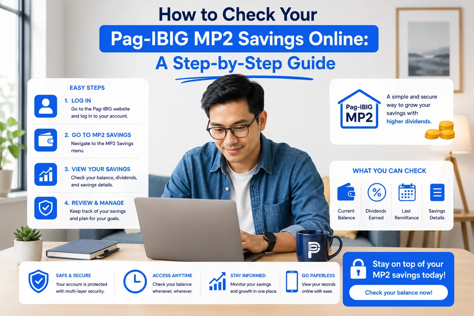 Infographic illustrating how to check Pag-IBIG MP2 savings online, featuring a man working on a laptop surrounded by step-by-step guides and account details.